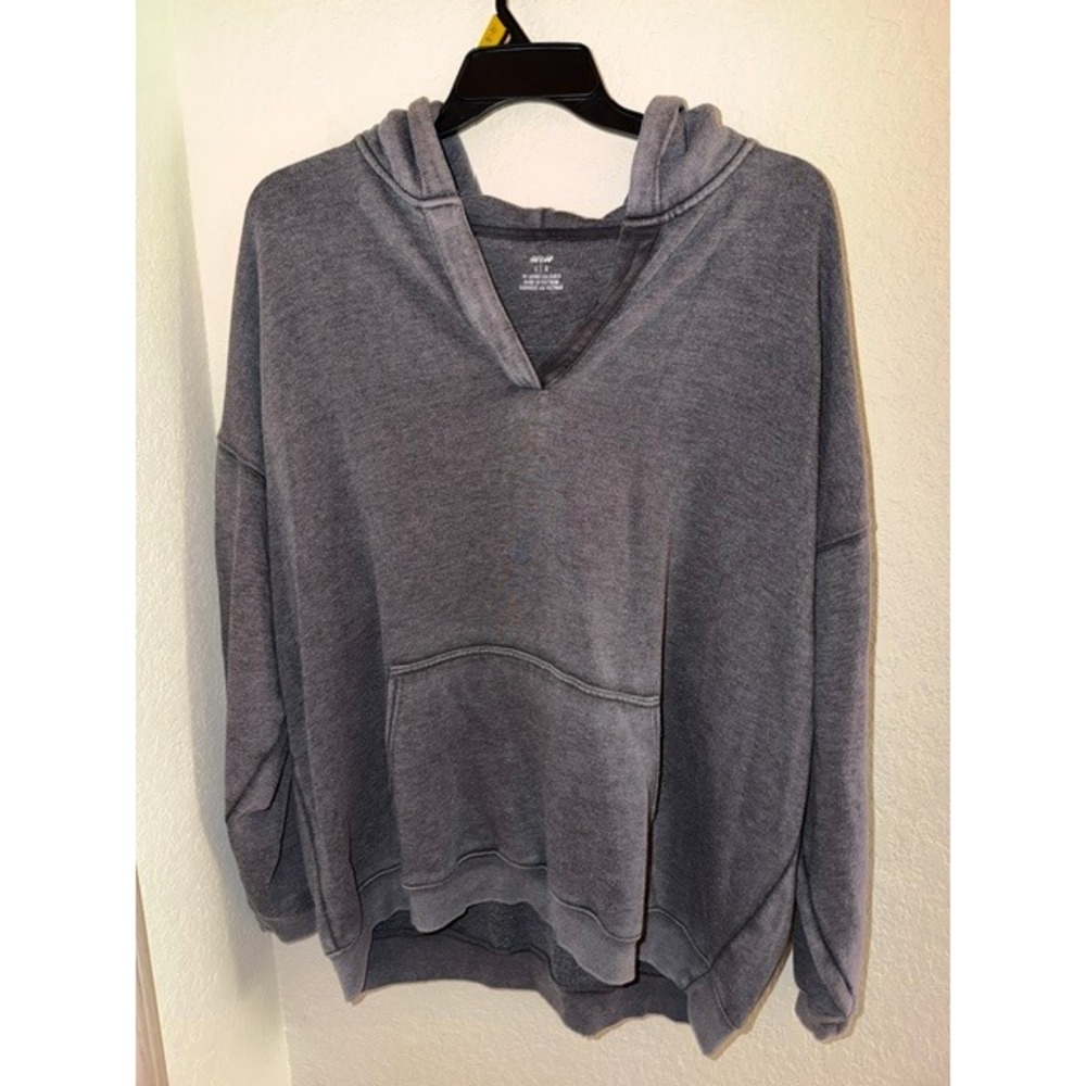 Aerie Charcoal Gray Acid Wash V-Neck Hooded Sweatshirt Pullover Large